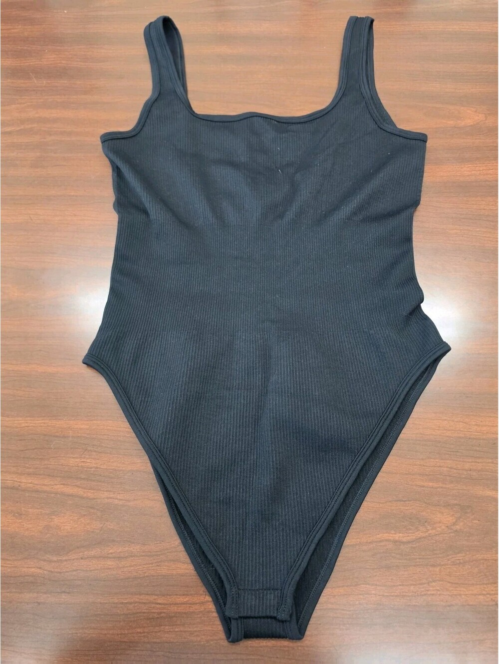 OQQ XL Black Seamless Ribbed Bodysuit Square Neck Tank Thong Bodysuit NWOT